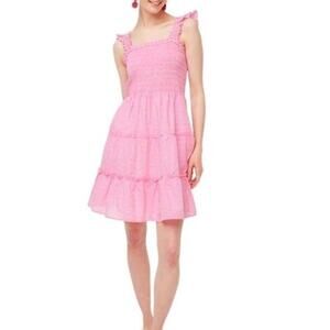 J. Crew Factory Striped Smocked Tiered Mini Dress ruffle pink size large L